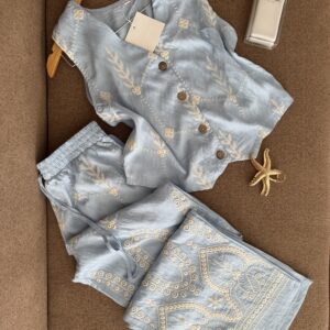 Ensemble Tiramisu gilet et pantalon en lin brodé