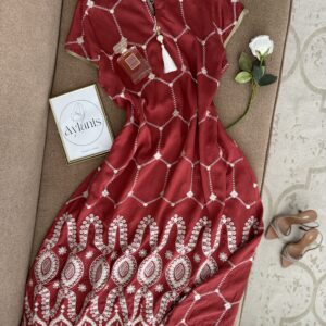 Robe Daraa Midi Broderie Festonnée Rouge