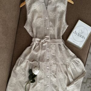 Robe Chemise Courte Sans manches en Broderie Anglaise