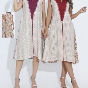Robe Midi Imprimée à Encolure Brodée