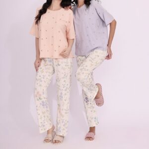 Pyjama Haut Brodé Pantalon à Fleurs