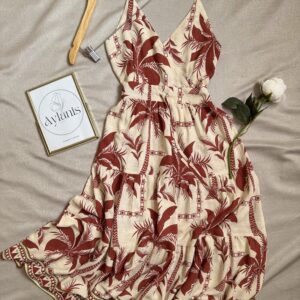 Robe Midi à Bretelles Imprimé Palmiers 90% Viscose 10%Lin