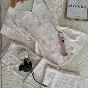 Pyjama en Maille Gaufrée à Motifs Fleurs/Nœuds